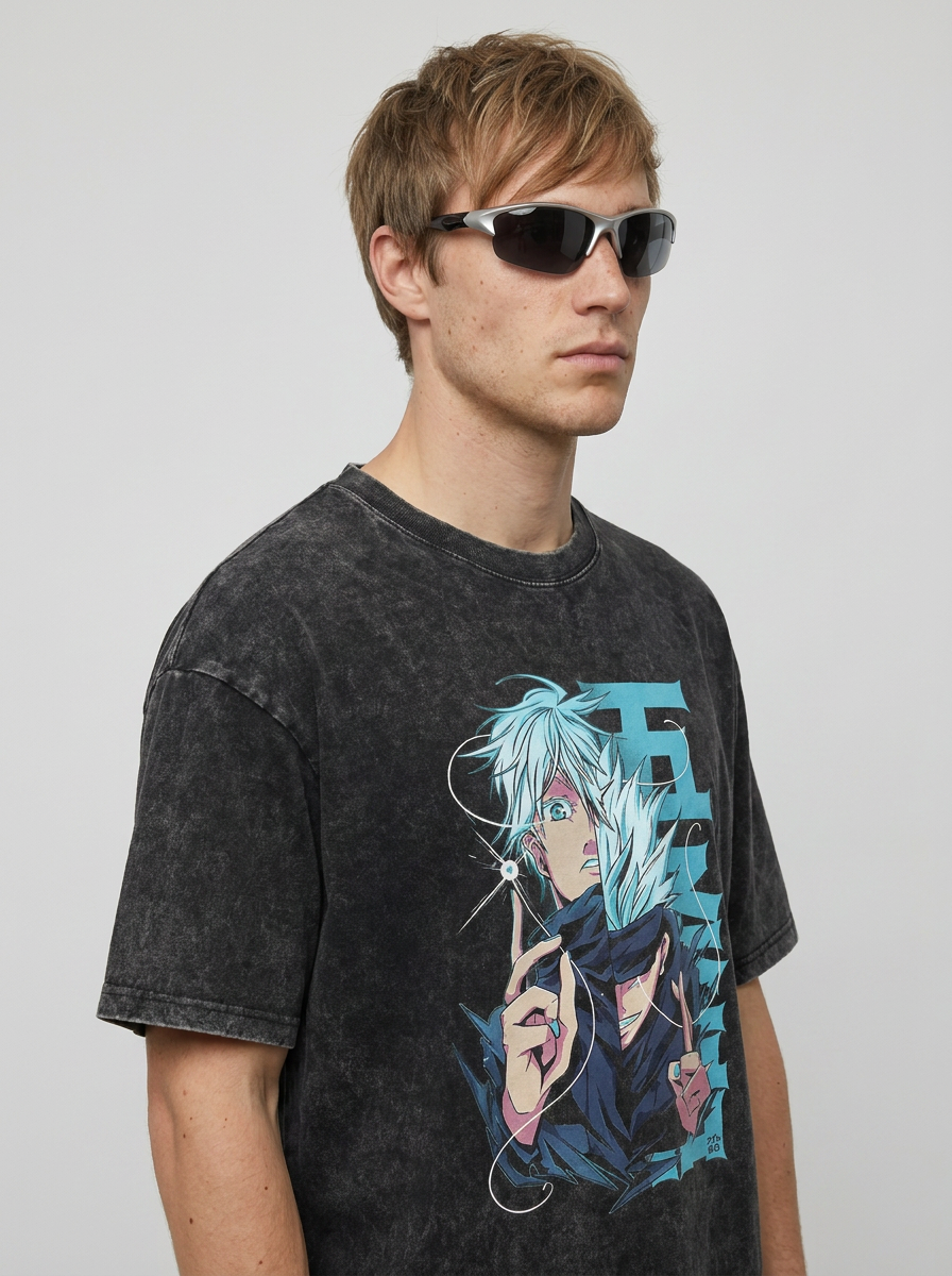Anime Washable T-Shirt Collection model lateral 3/4 — oversized washed cotton t-shirt | Tempus Arc premium anime streetwear