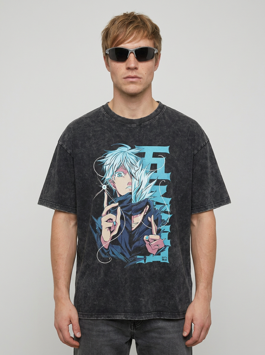 Anime Washable T-Shirt Collection full body model — oversized boxed t-shirt | Tempus Arc premium anime streetwear