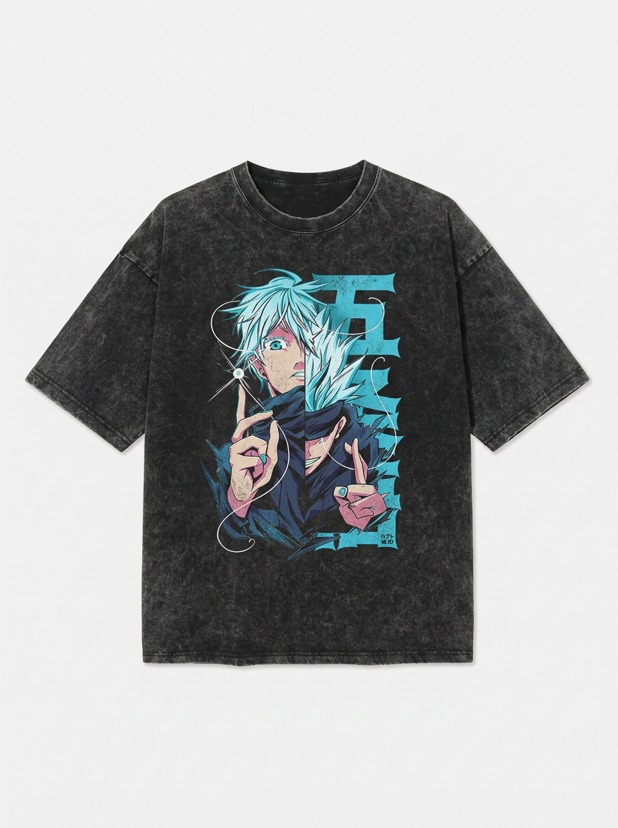Anime Washable T-Shirt Collection flat lay front view — washed black oversized t-shirt | Tempus Arc premium anime streetwear