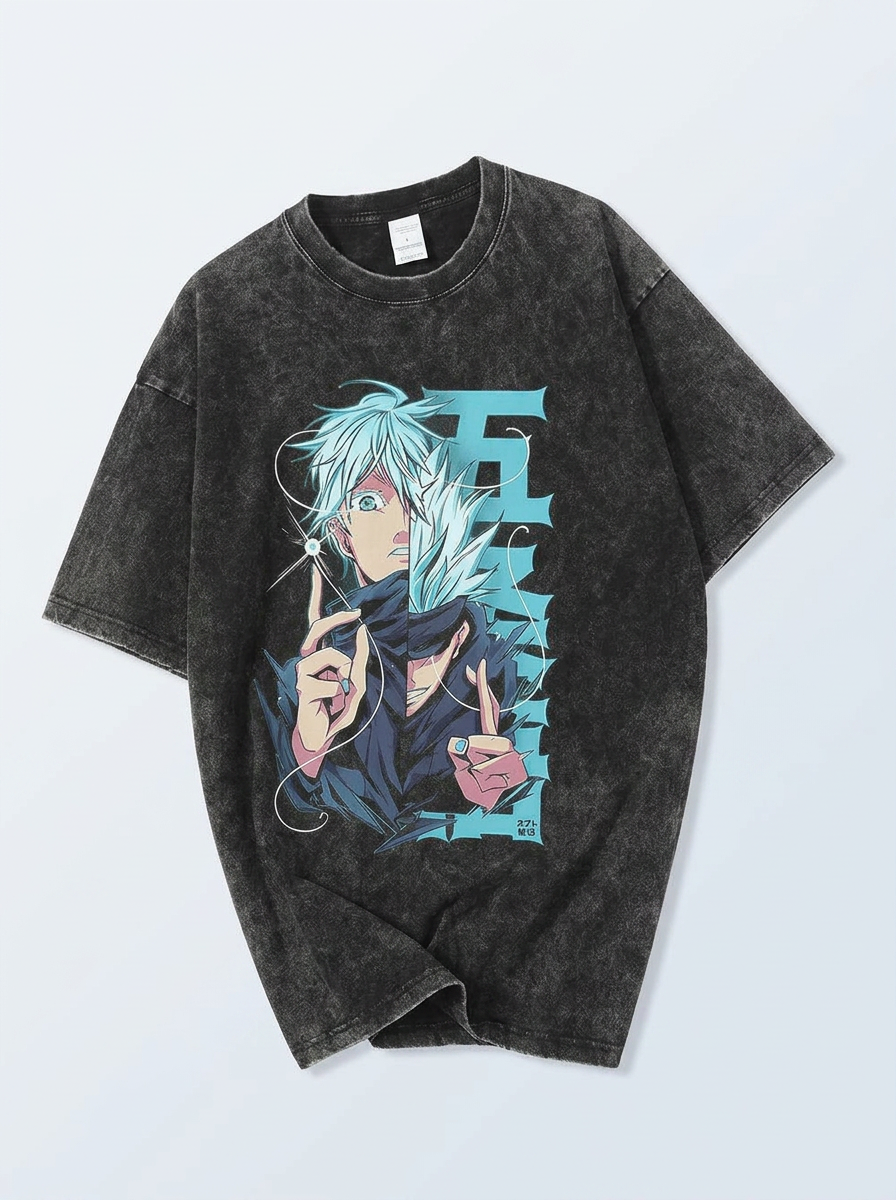 Anime Washable T-Shirt Collection angle perspective shot — washed cotton t-shirt | Tempus Arc premium anime streetwear