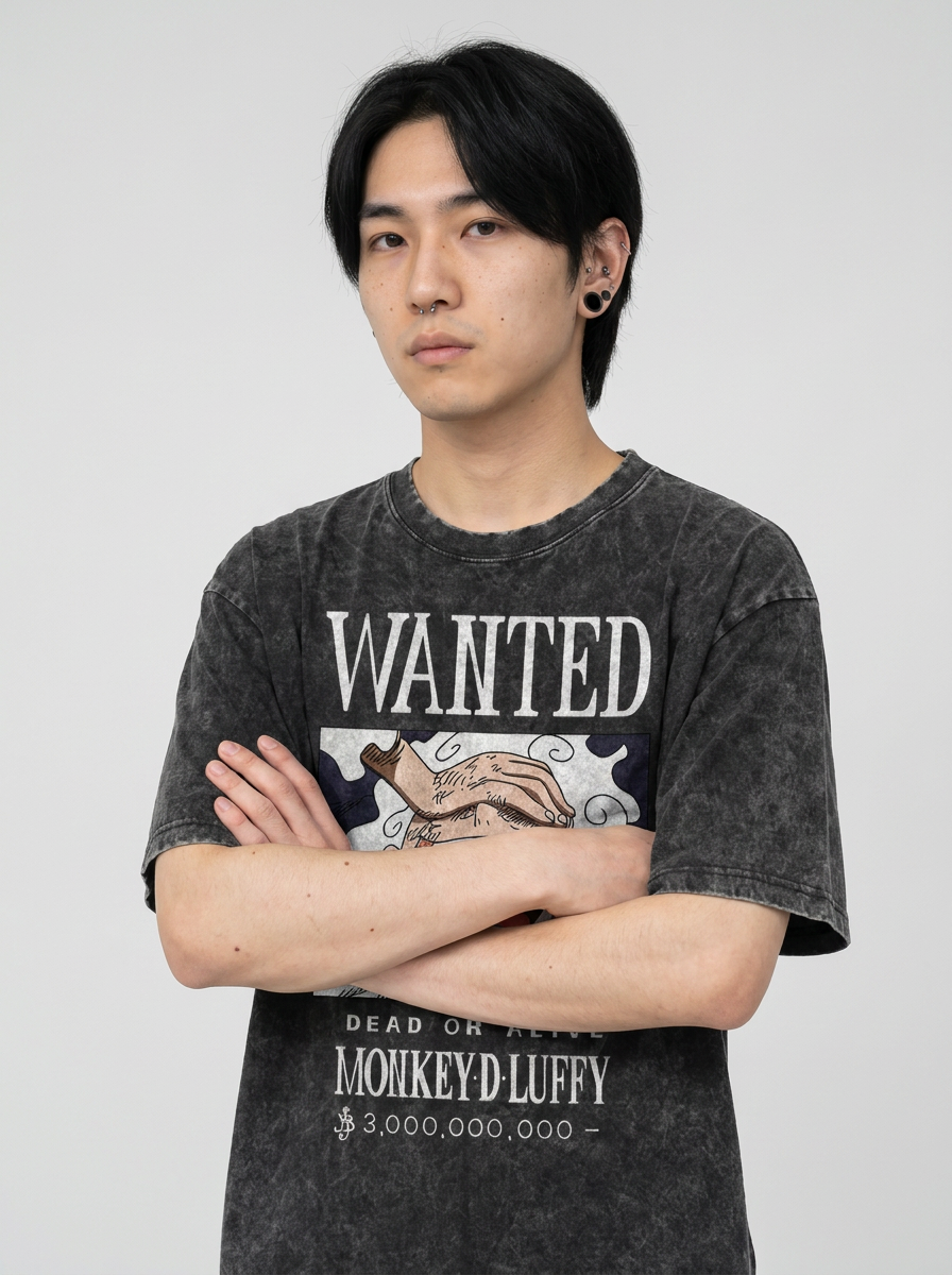 Anime Washable T-Shirt Collection on model arms crossed — washed black t-shirt | Tempus Arc premium anime streetwear