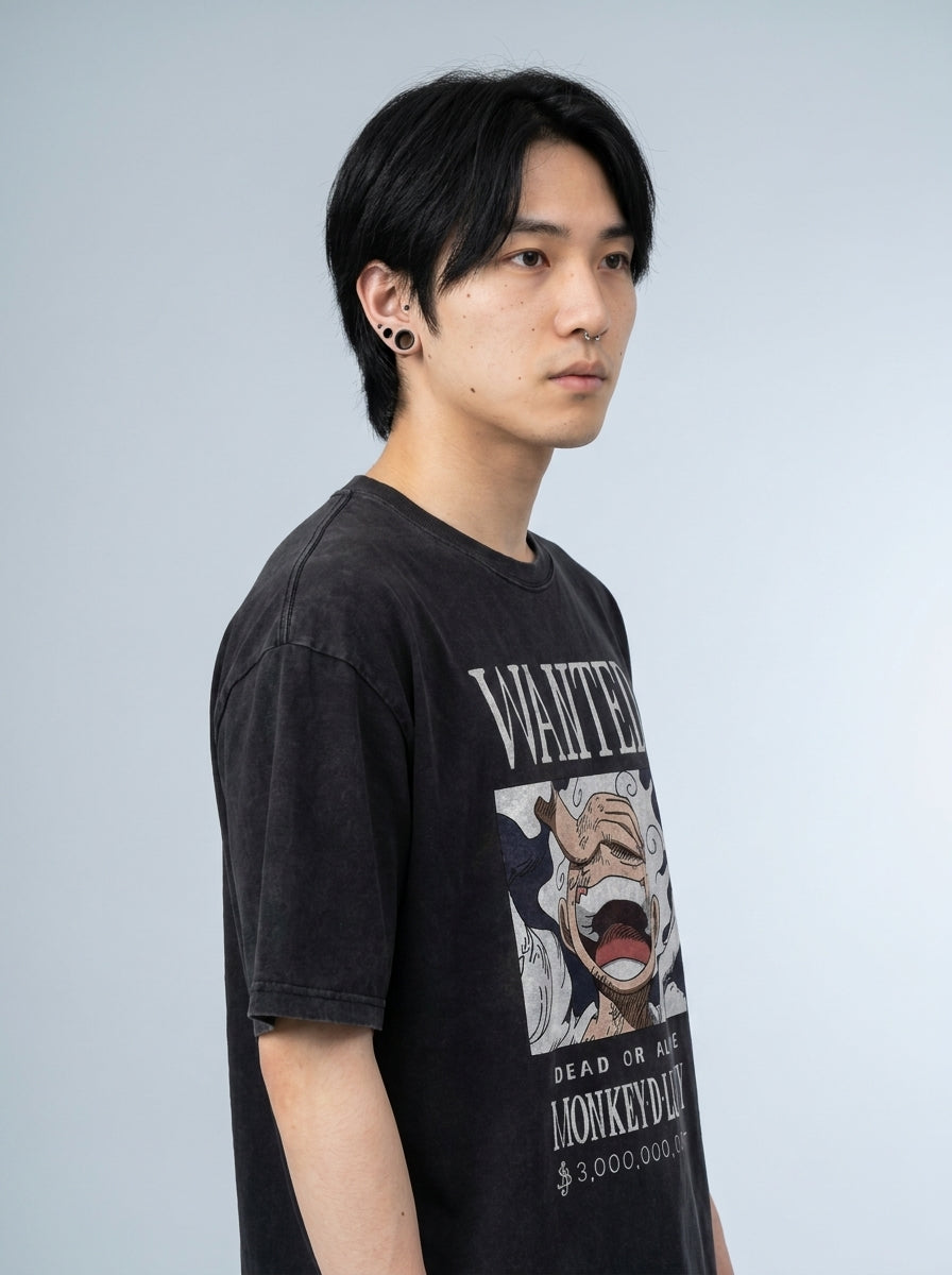 Anime Washable T-Shirt Collection model lateral 3/4 — oversized washed cotton t-shirt | Tempus Arc premium anime streetwear