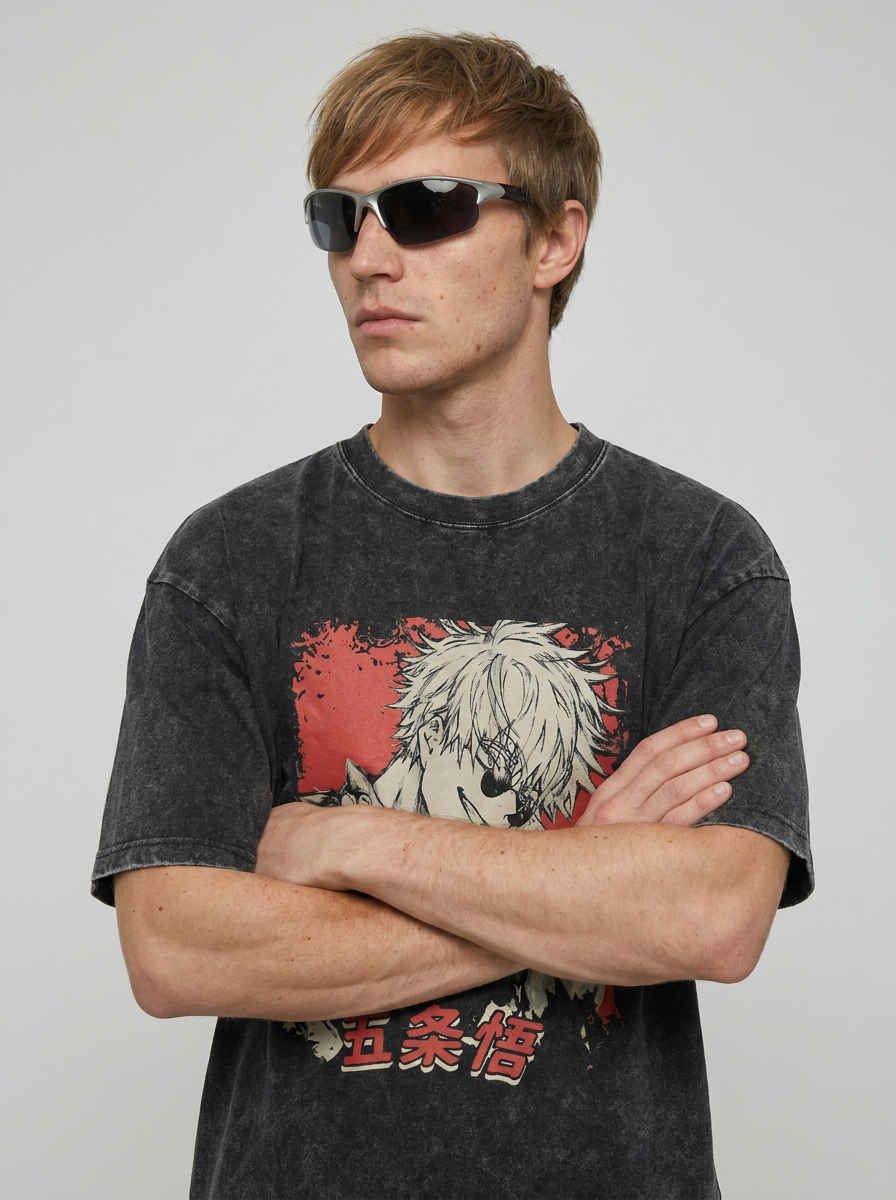 Anime Washable T-Shirt Collection on model arms crossed — washed black t-shirt | Tempus Arc premium anime streetwear