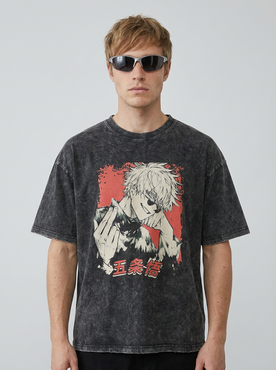 Anime Washable T-Shirt Collection model frontal central — washed black t-shirt | Tempus Arc premium anime streetwear