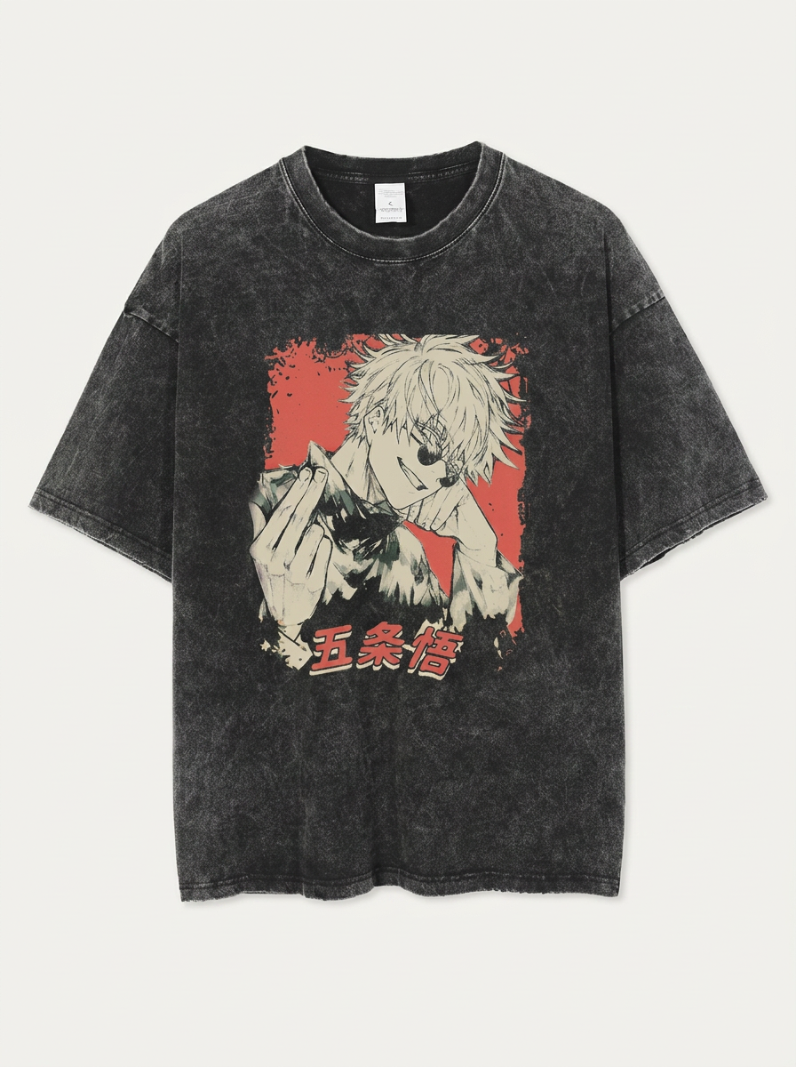 Anime Washable T-Shirt Collection flat lay front view — washed black oversized t-shirt | Tempus Arc premium anime streetwear