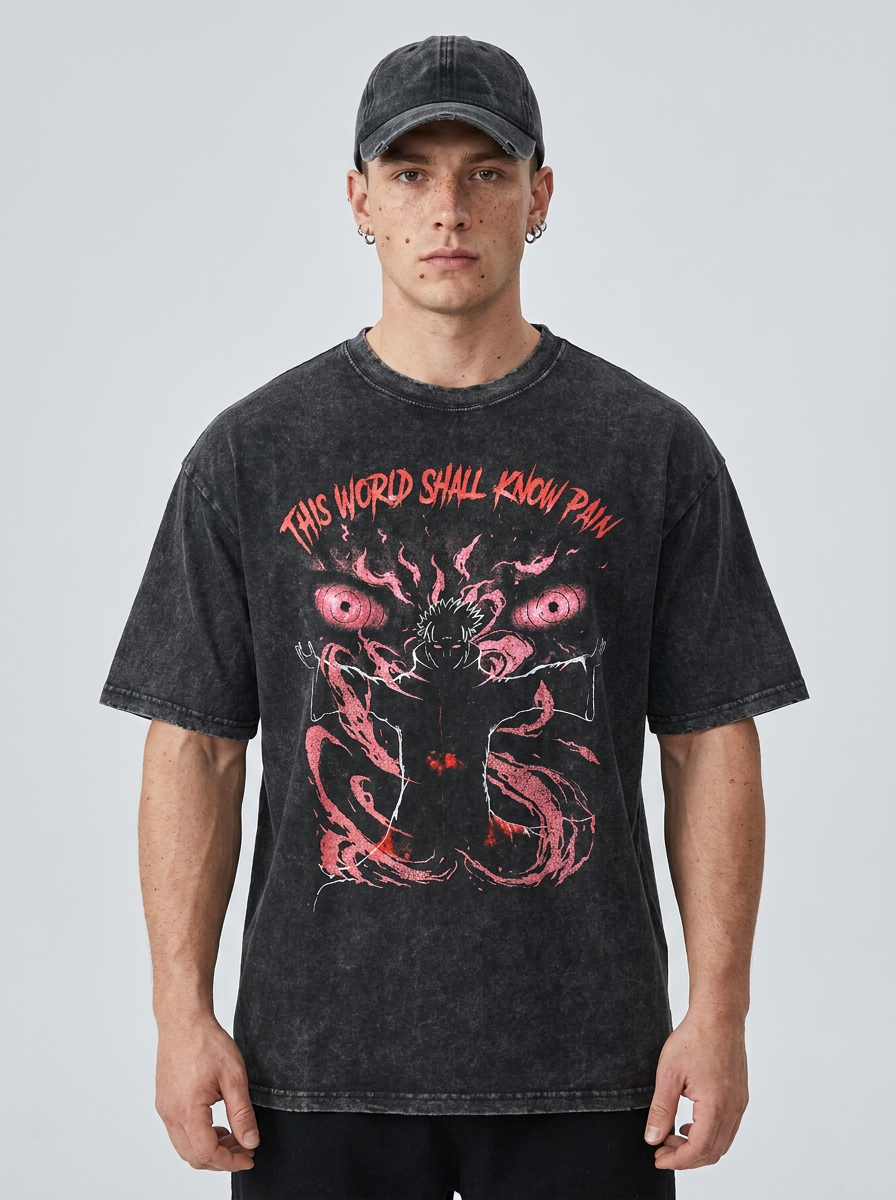 Anime Washable T-Shirt Collection model frontal central — washed black t-shirt | Tempus Arc premium anime streetwear