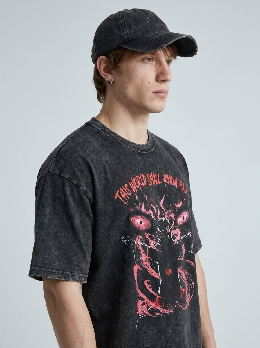 Anime Washable T-Shirt Collection model lateral 3/4 — oversized washed cotton t-shirt | Tempus Arc premium anime streetwear