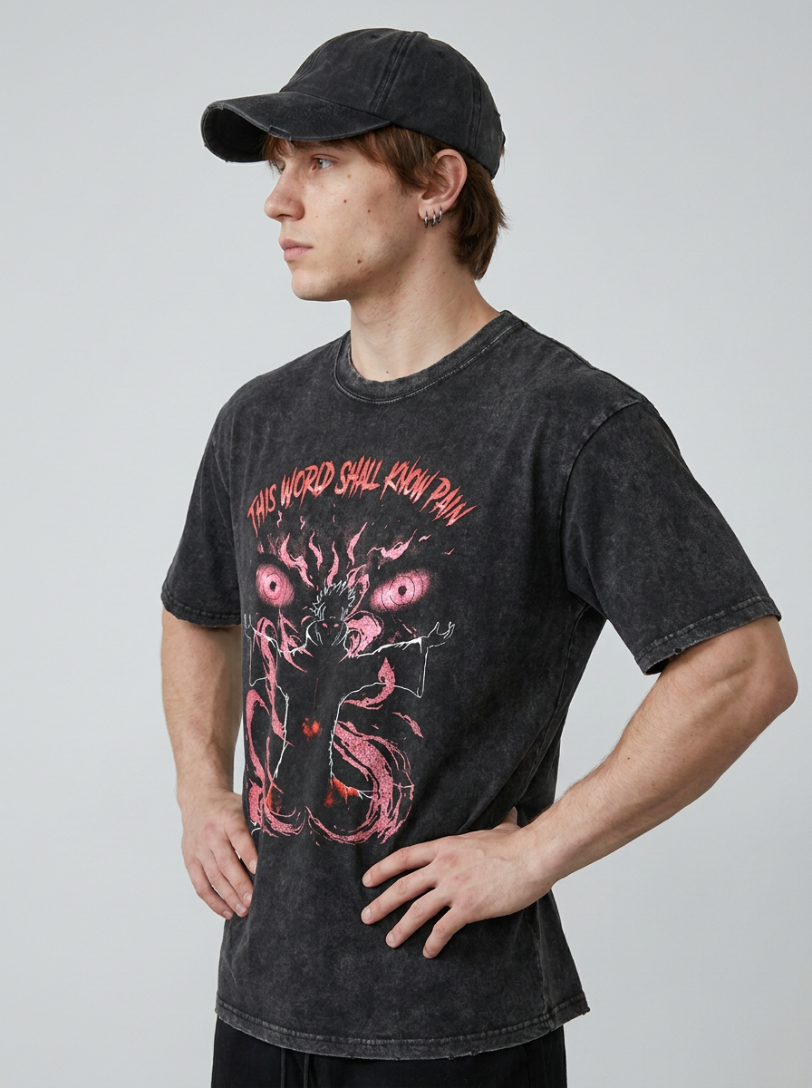 Anime Washable T-Shirt Collection model side profile athletic — washed cotton t-shirt | Tempus Arc premium anime streetwear
