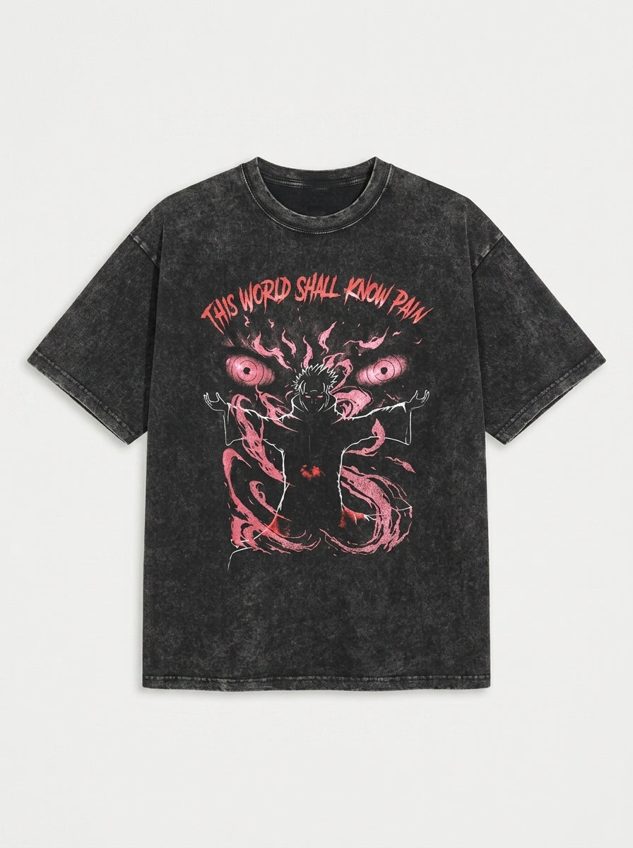 Anime Washable T-Shirt Collection flat lay front view — washed black oversized t-shirt | Tempus Arc premium anime streetwear