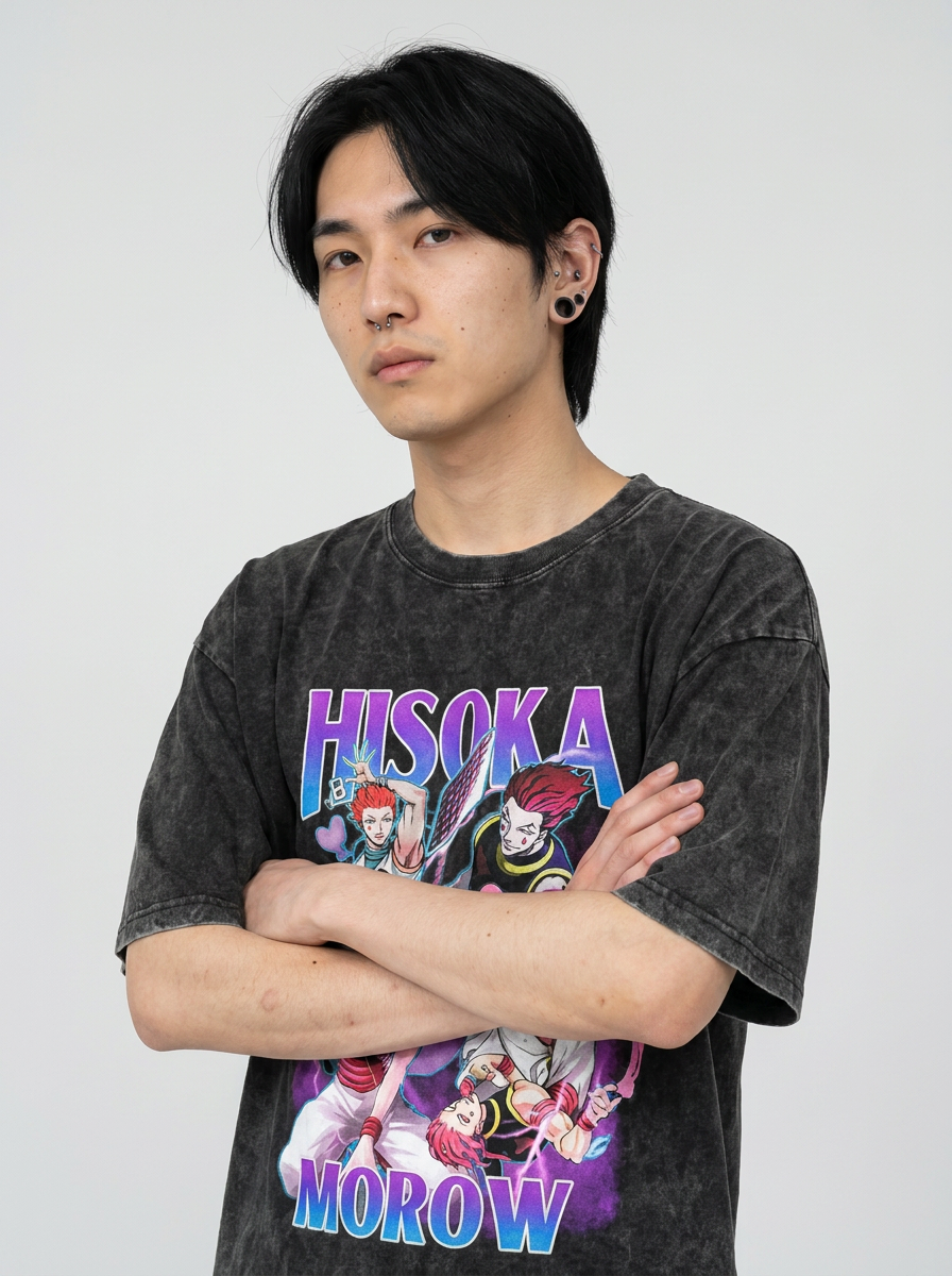 Anime Washable T-Shirt Collection on model arms crossed — washed black t-shirt | Tempus Arc premium anime streetwear