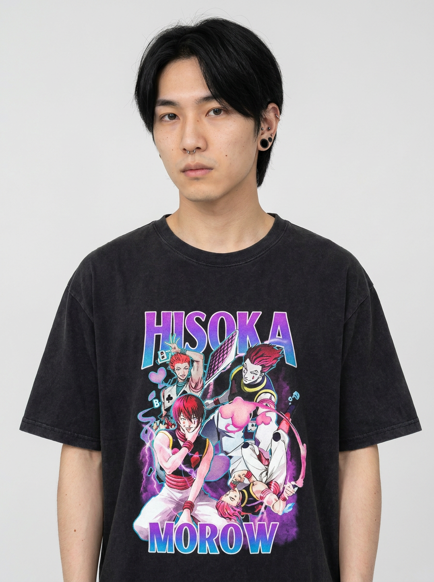 Anime Washable T-Shirt Collection model frontal central — washed black t-shirt | Tempus Arc premium anime streetwear