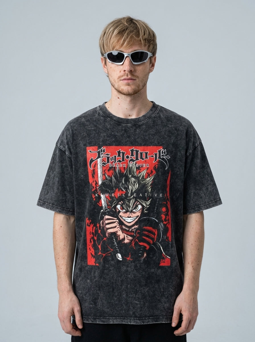 Anime Washable T-Shirt Collection model frontal central — washed black t-shirt | Tempus Arc premium anime streetwear