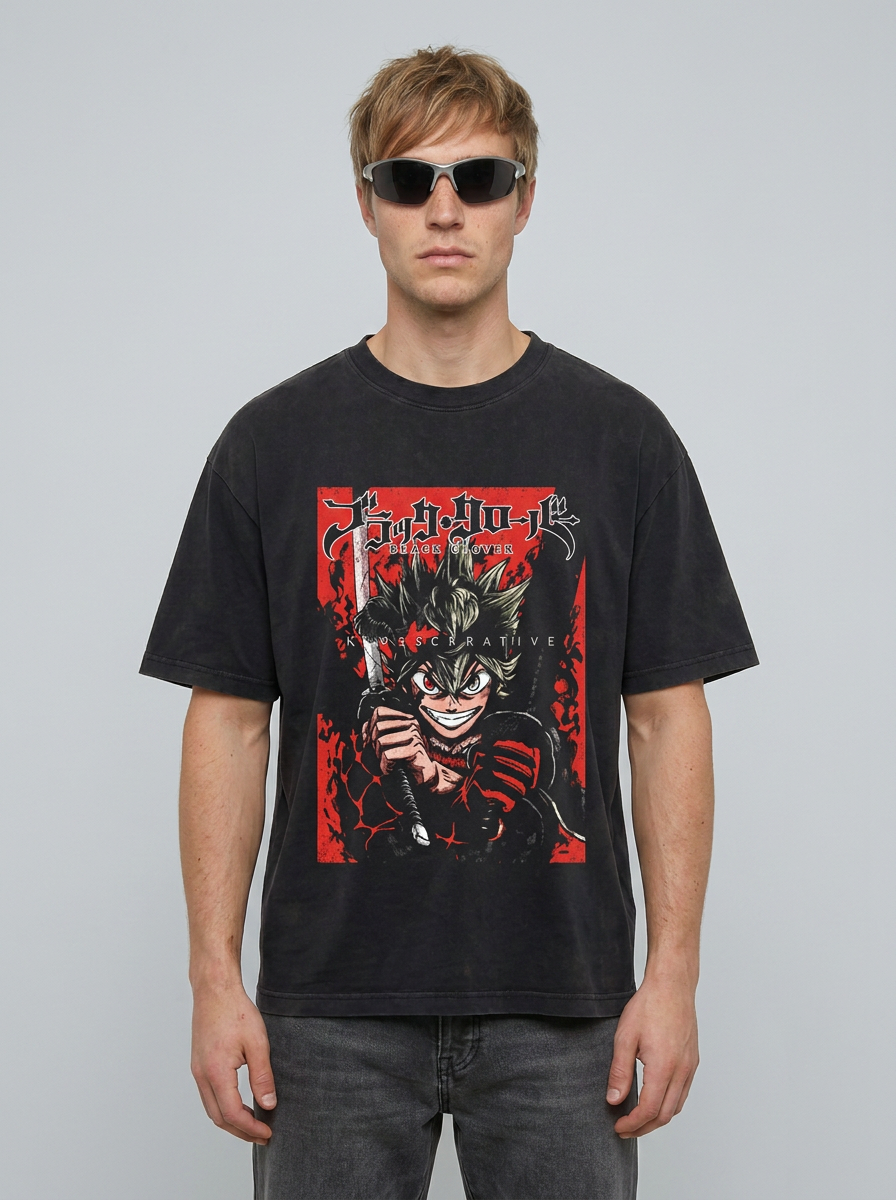 Anime Washable T-Shirt Collection full body model — oversized boxed t-shirt | Tempus Arc premium anime streetwear