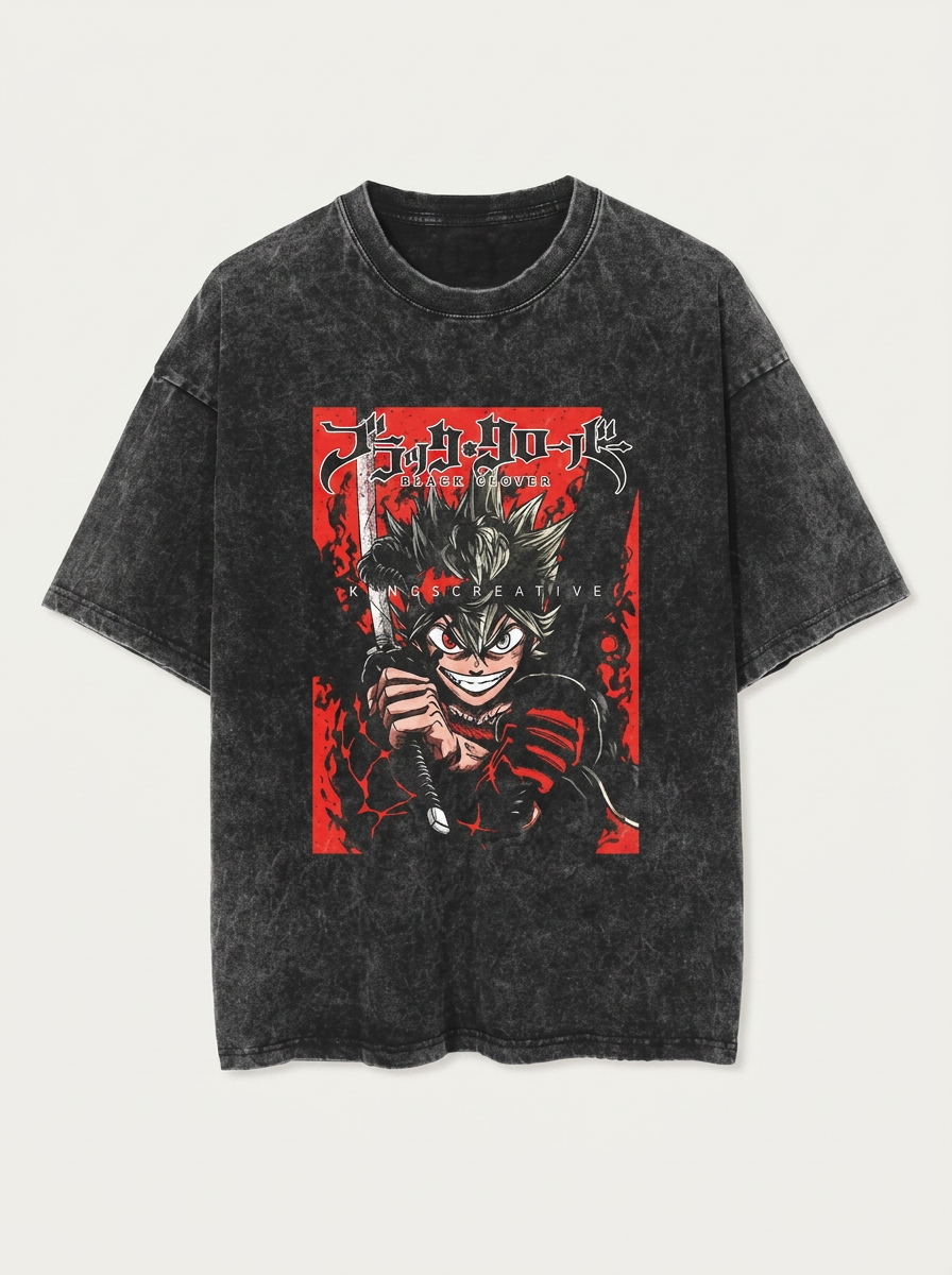 Anime Washable T-Shirt Collection flat lay front view — washed black oversized t-shirt | Tempus Arc premium anime streetwear
