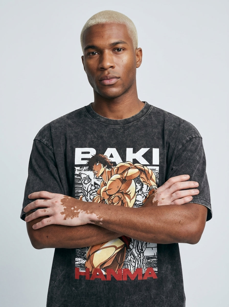 Anime Washable T-Shirt Collection on model arms crossed — washed black t-shirt | Tempus Arc premium anime streetwear