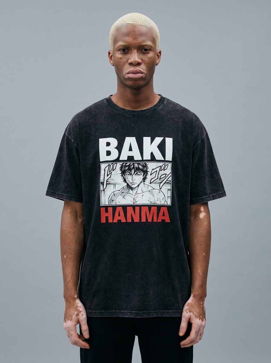 Anime Washable T-Shirt Collection model frontal central — washed black t-shirt | Tempus Arc premium anime streetwear