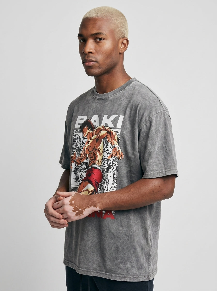 Anime Washable T-Shirt Collection model lateral 3/4 — oversized washed cotton t-shirt | Tempus Arc premium anime streetwear