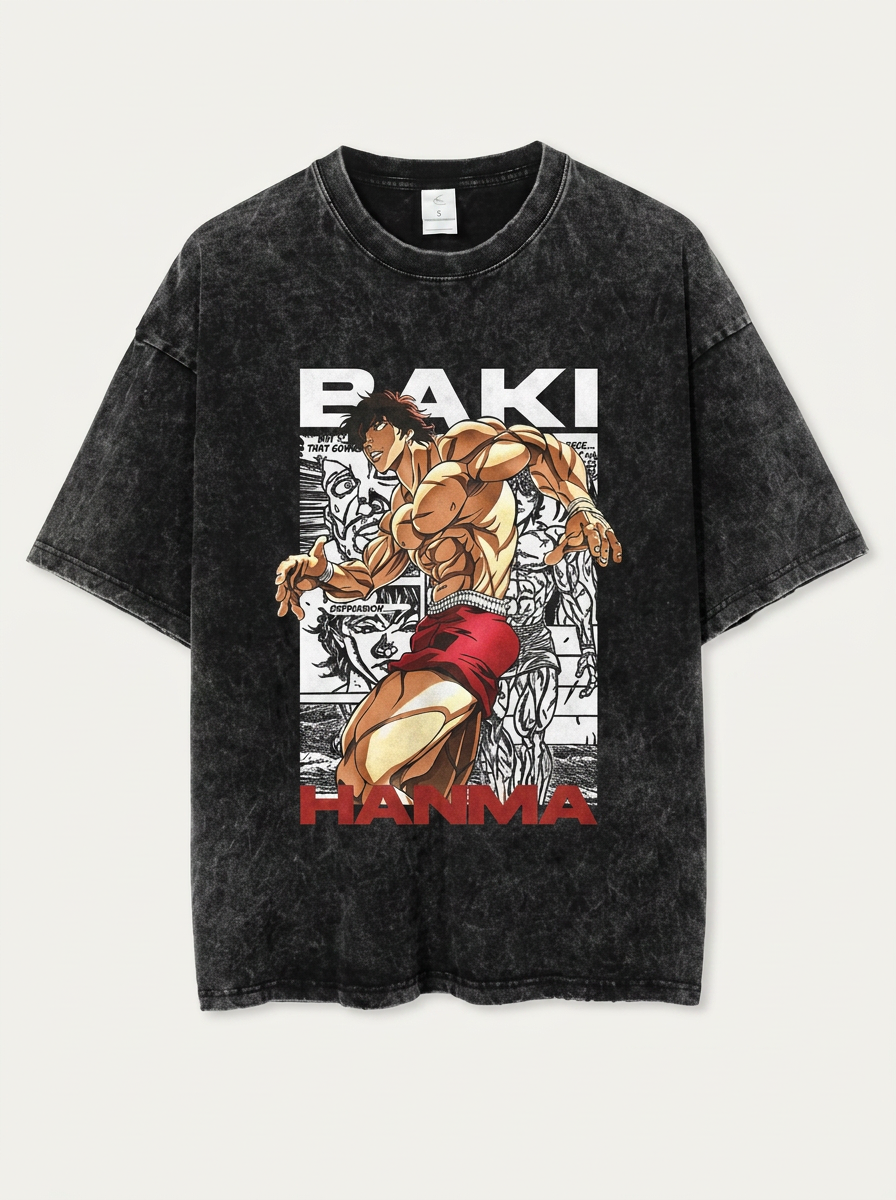 Anime Washable T-Shirt Collection flat lay front view — washed black oversized t-shirt | Tempus Arc premium anime streetwear