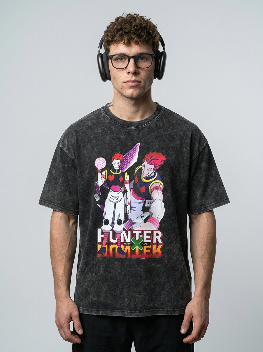 Anime Washable T-Shirt Collection model frontal central — washed black t-shirt | Tempus Arc premium anime streetwear