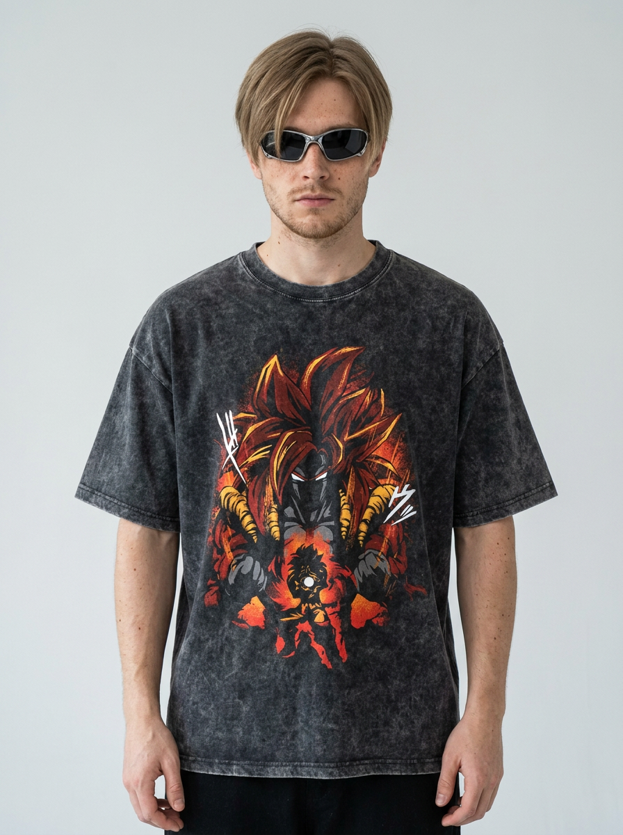 Anime Washable T-Shirt Collection model frontal central — washed black t-shirt | Tempus Arc premium anime streetwear