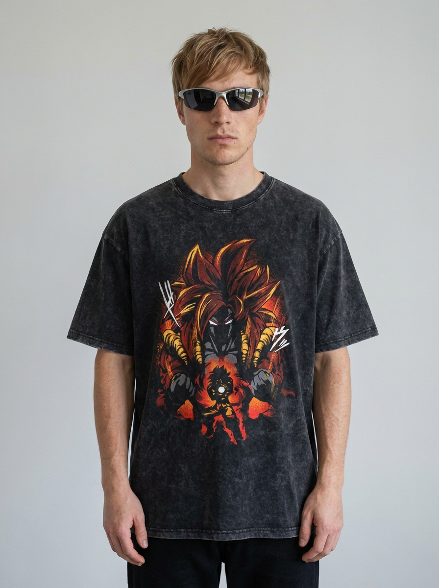 Anime Washable T-Shirt Collection full body model — oversized boxed t-shirt | Tempus Arc premium anime streetwear