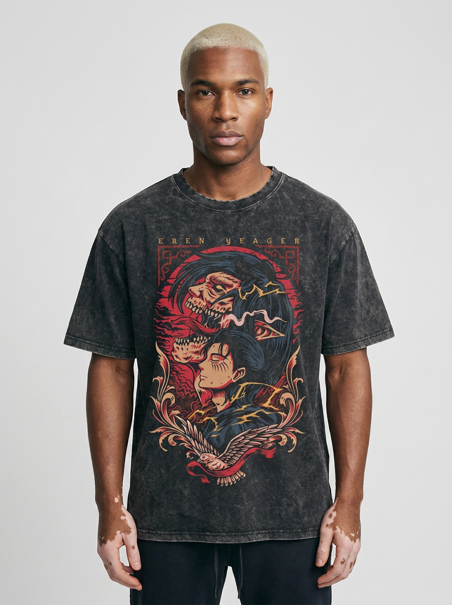 Anime Washable T-Shirt Collection model frontal central — washed black t-shirt | Tempus Arc premium anime streetwear