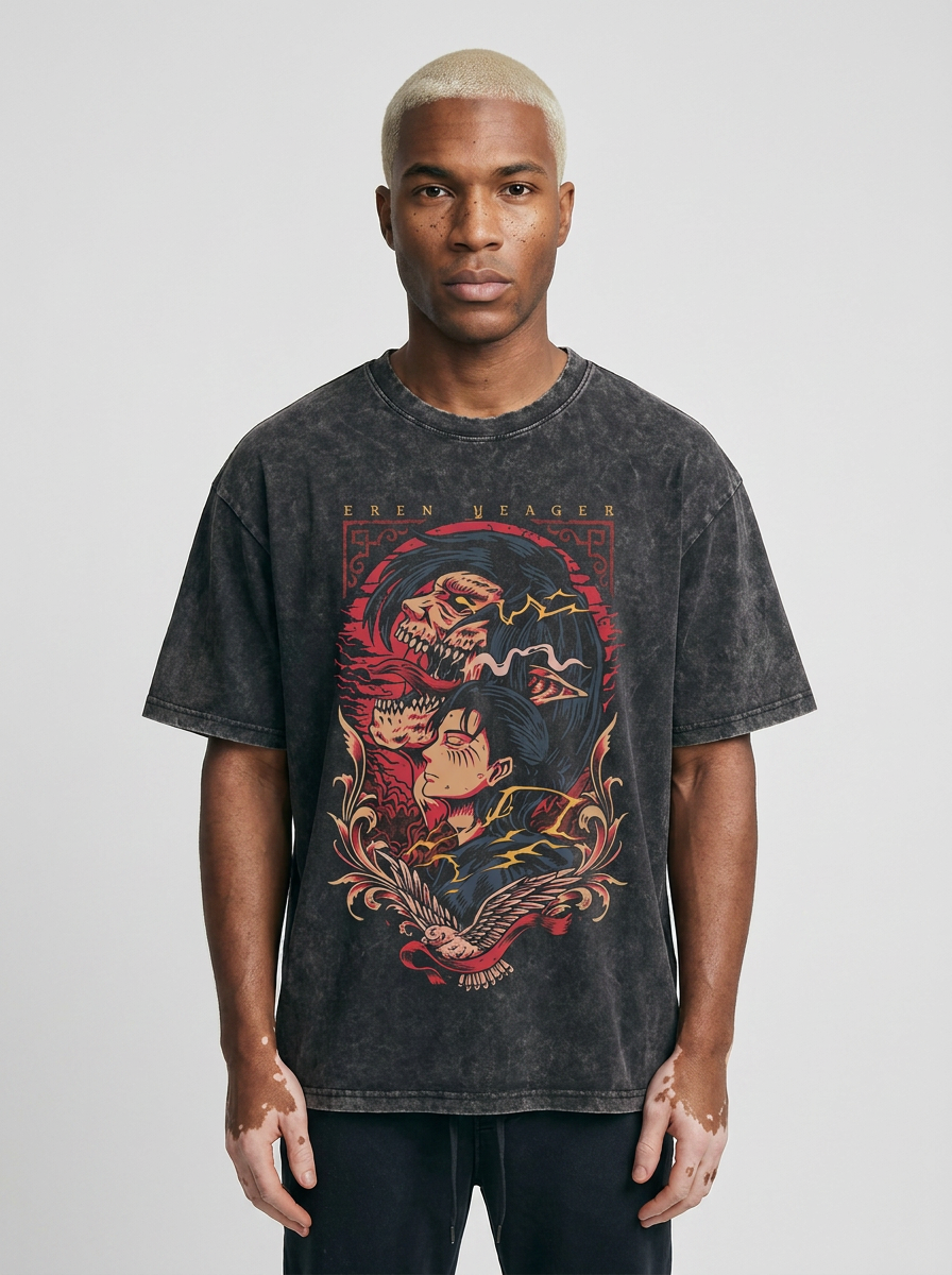 Anime Washable T-Shirt Collection full body model — oversized boxed t-shirt | Tempus Arc premium anime streetwear