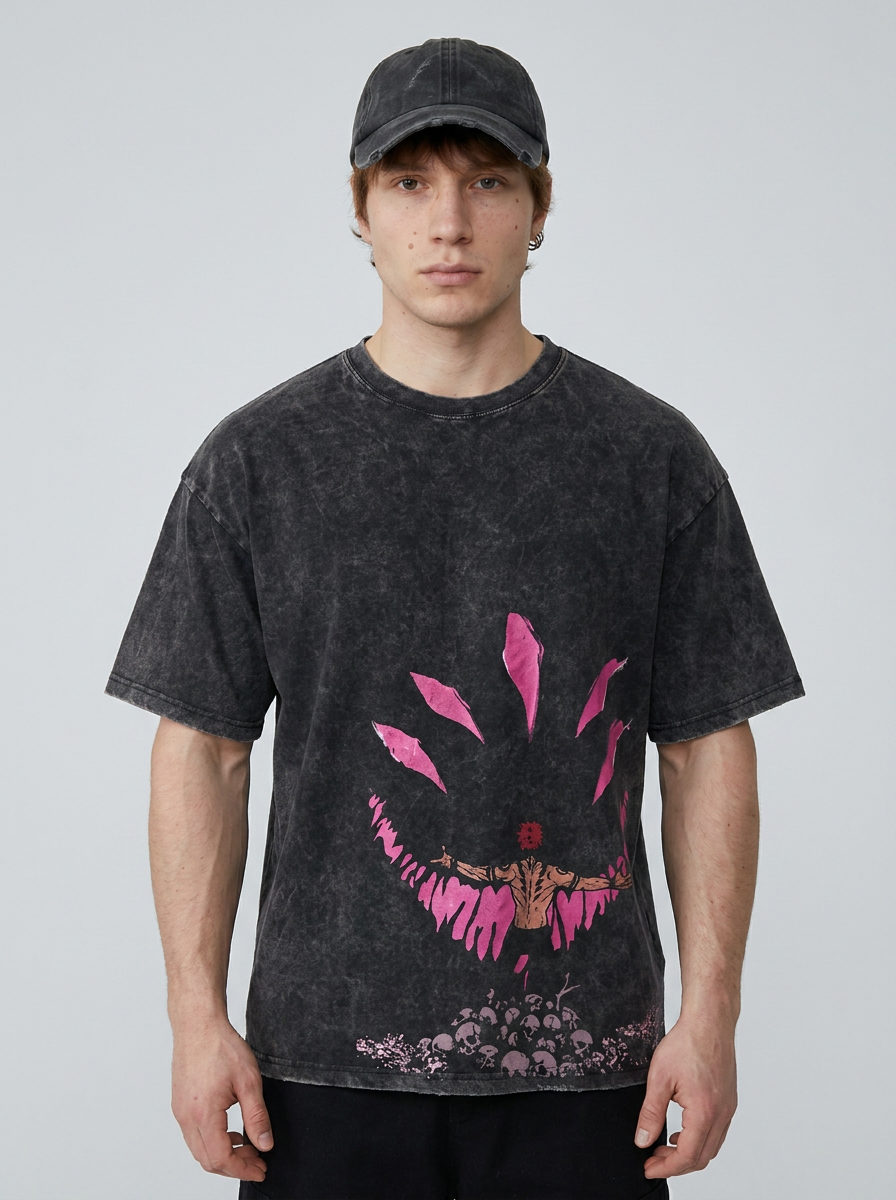 Anime Washable T-Shirt Collection model frontal central — washed black t-shirt | Tempus Arc premium anime streetwear