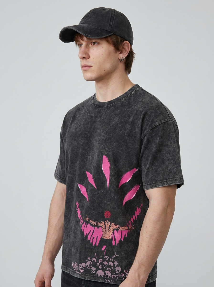 Anime Washable T-Shirt Collection model lateral 3/4 — oversized washed cotton t-shirt | Tempus Arc premium anime streetwear
