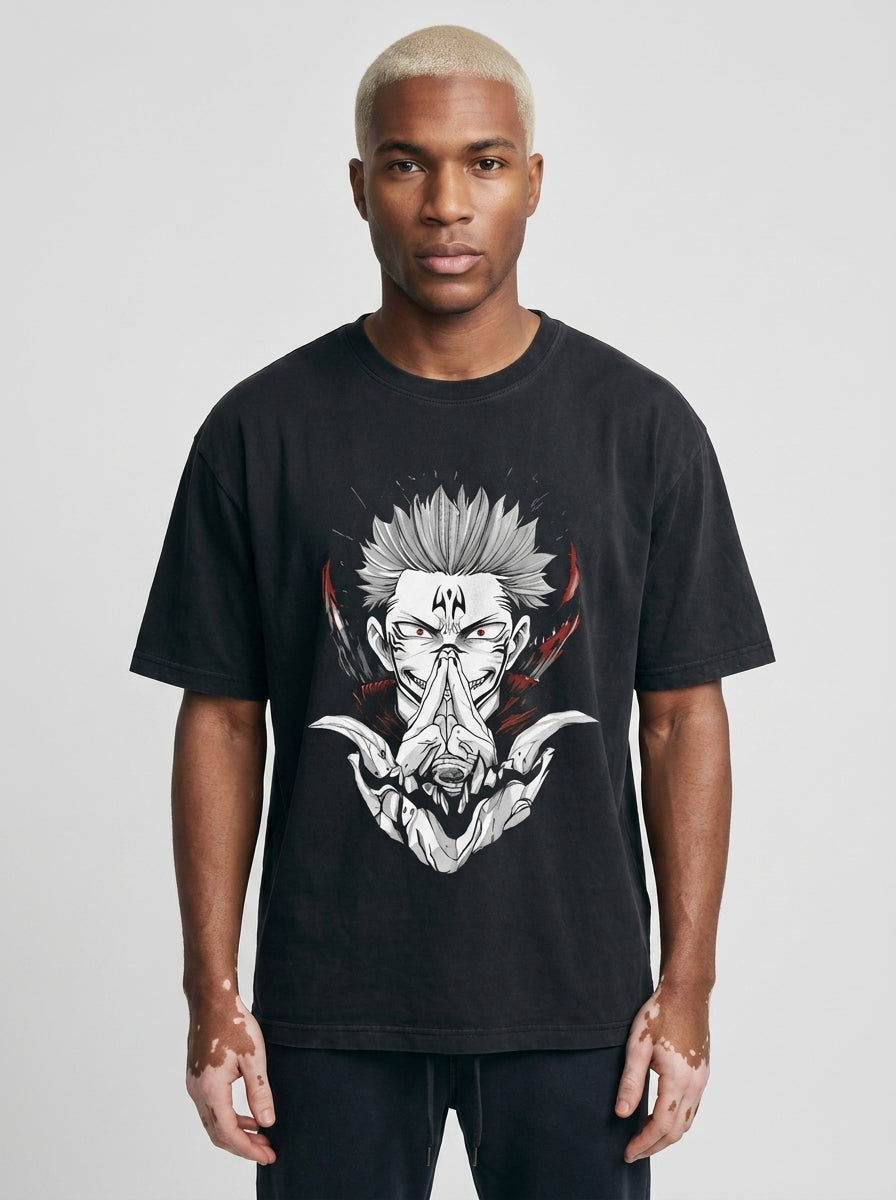 Anime Washable T-Shirt Collection model frontal central — washed black t-shirt | Tempus Arc premium anime streetwear