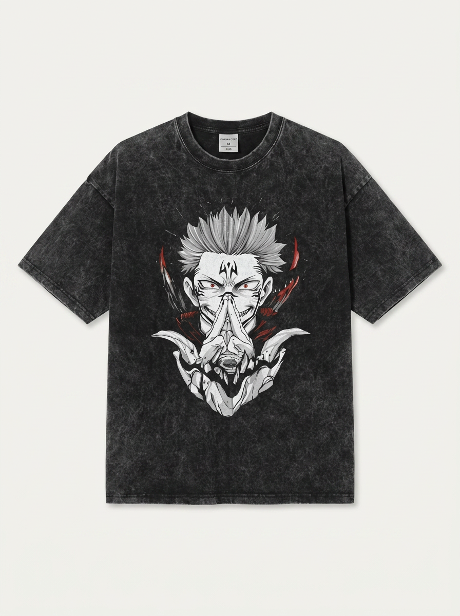 Anime Washable T-Shirt Collection flat lay front view — washed black oversized t-shirt | Tempus Arc premium anime streetwear
