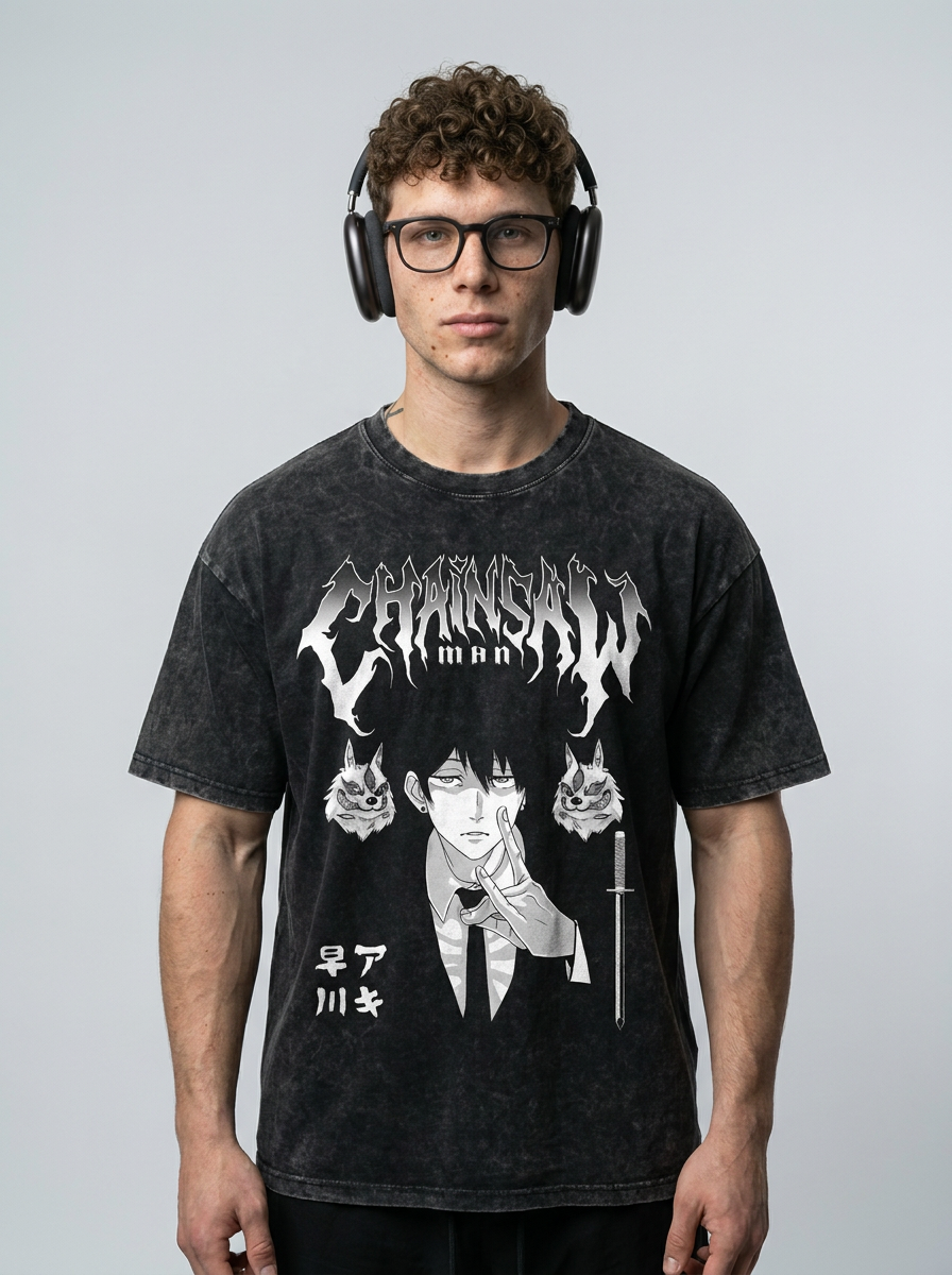 Anime Washable T-Shirt Collection model frontal central — washed black t-shirt | Tempus Arc premium anime streetwear