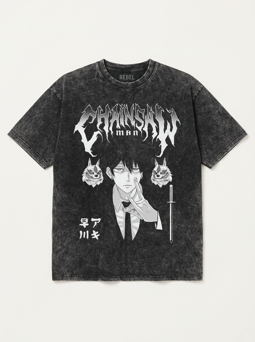 Anime Washable T-Shirt Collection flat lay front view — washed black oversized t-shirt | Tempus Arc premium anime streetwear