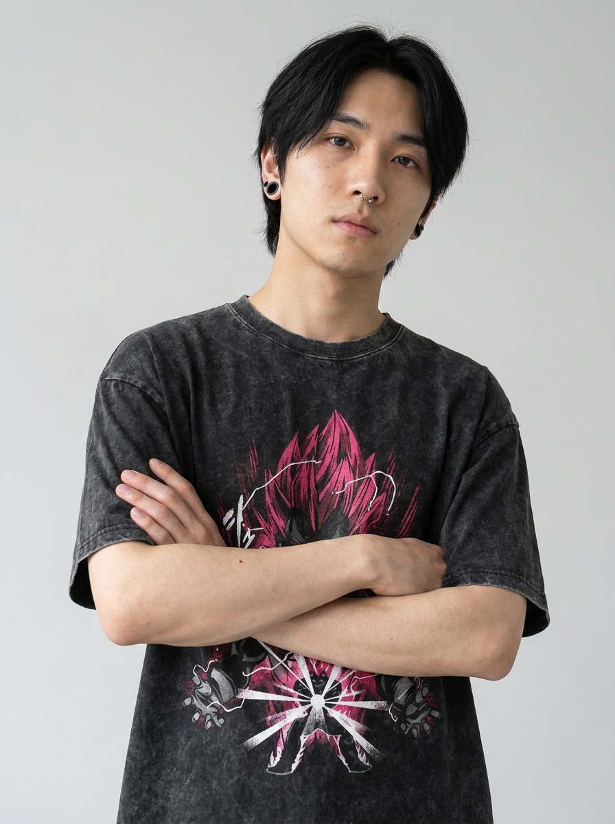 Anime Washable T-Shirt Collection 2 on model arms crossed — washed black t-shirt | Tempus Arc premium anime streetwear