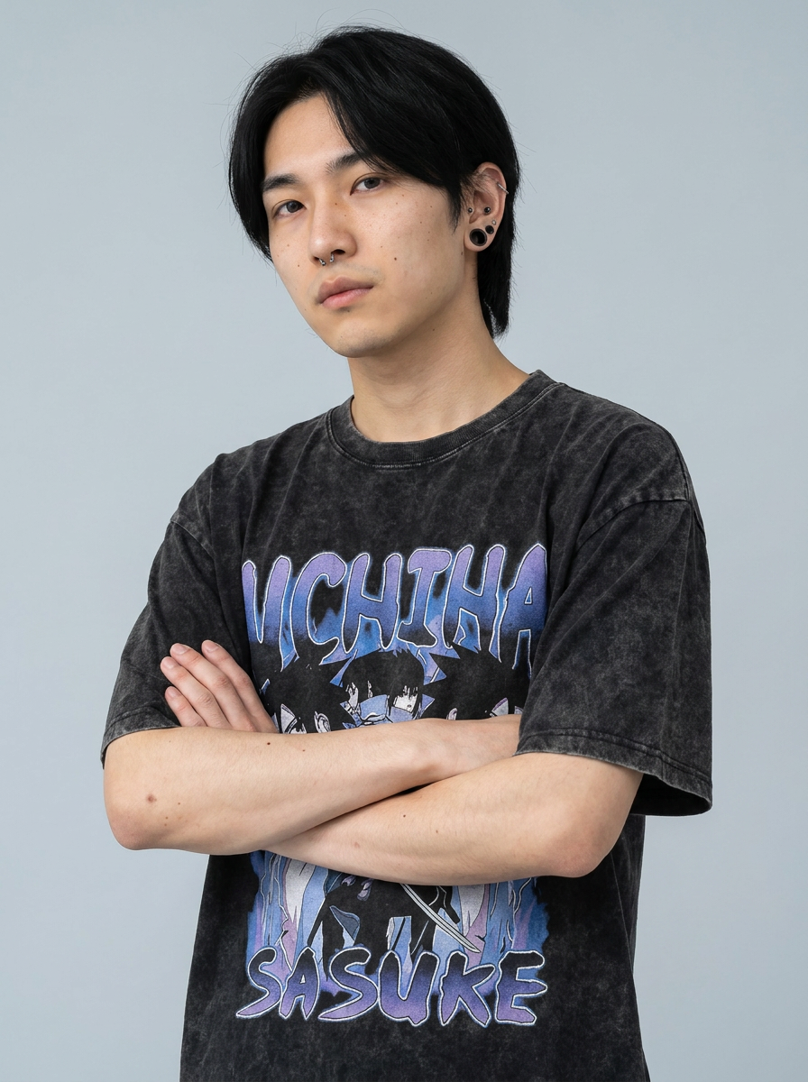 Anime Washable T-Shirt Collection 2 on model arms crossed — washed black t-shirt | Tempus Arc premium anime streetwear