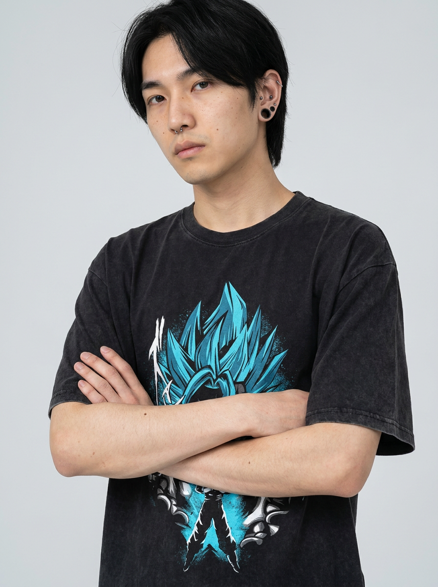 Anime Washable T-Shirt Collection 2 on model arms crossed — washed black t-shirt | Tempus Arc premium anime streetwear
