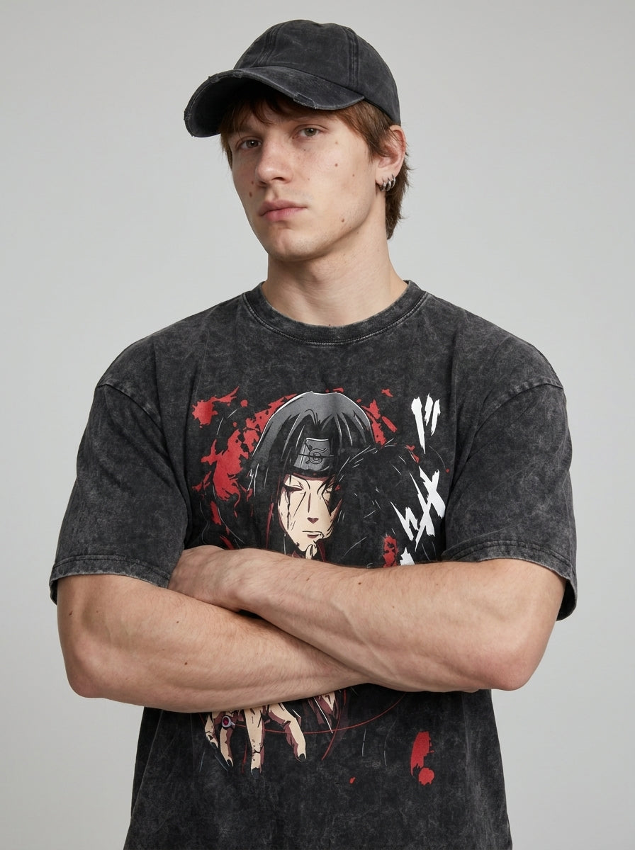 Anime Washable T-Shirt Collection 2 on model arms crossed — washed black t-shirt | Tempus Arc premium anime streetwear