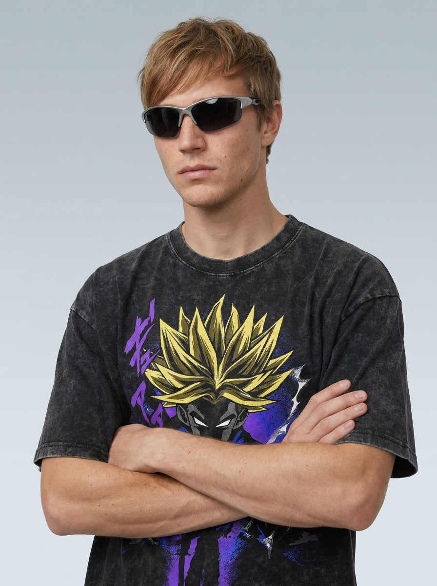 Anime Washable T-Shirt Collection 2 on model arms crossed — washed black t-shirt | Tempus Arc premium anime streetwear
