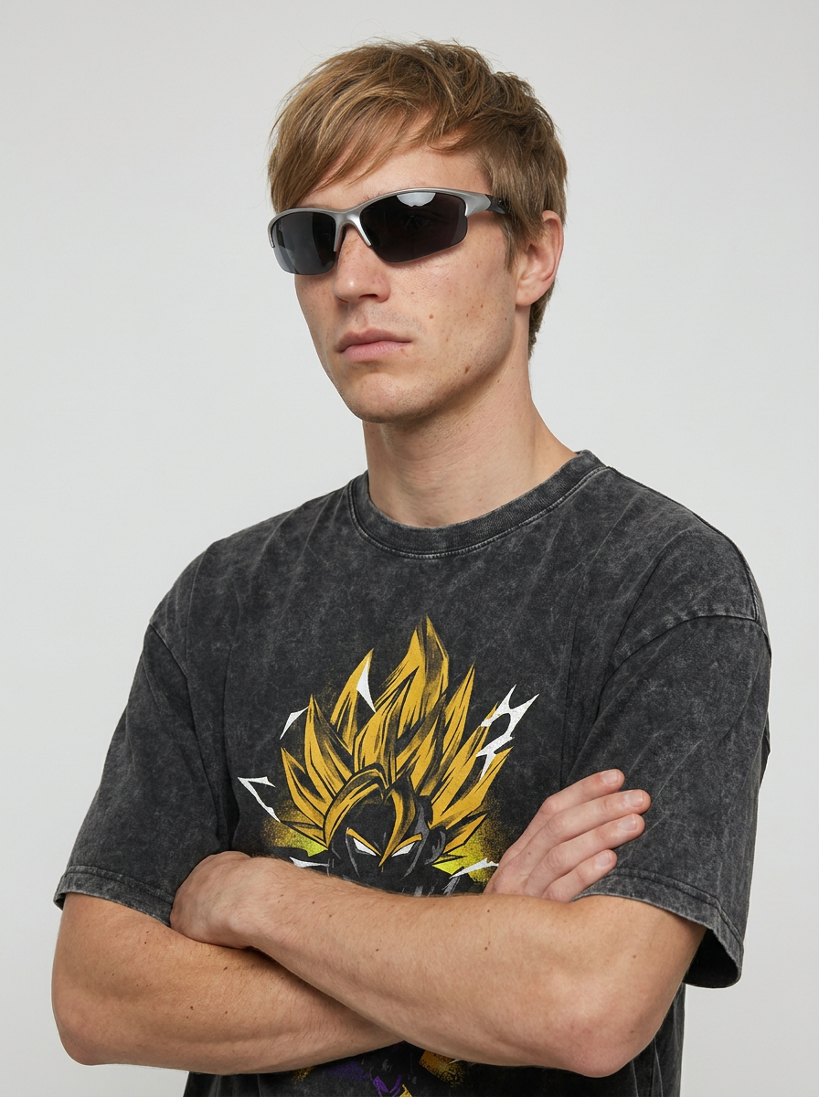 Anime Washable T-Shirt Collection 2 on model arms crossed — washed black t-shirt | Tempus Arc premium anime streetwear