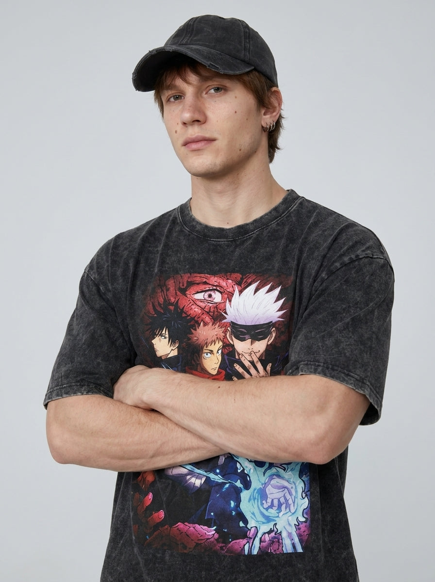 Anime Washable T-Shirt Collection 2 on model arms crossed — washed black t-shirt | Tempus Arc premium anime streetwear