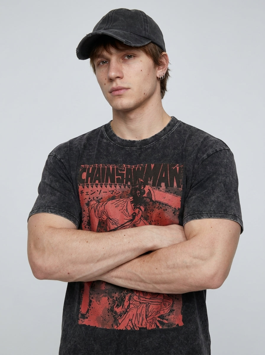 Anime Washable T-Shirt Collection 2 on model arms crossed — washed black t-shirt | Tempus Arc premium anime streetwear