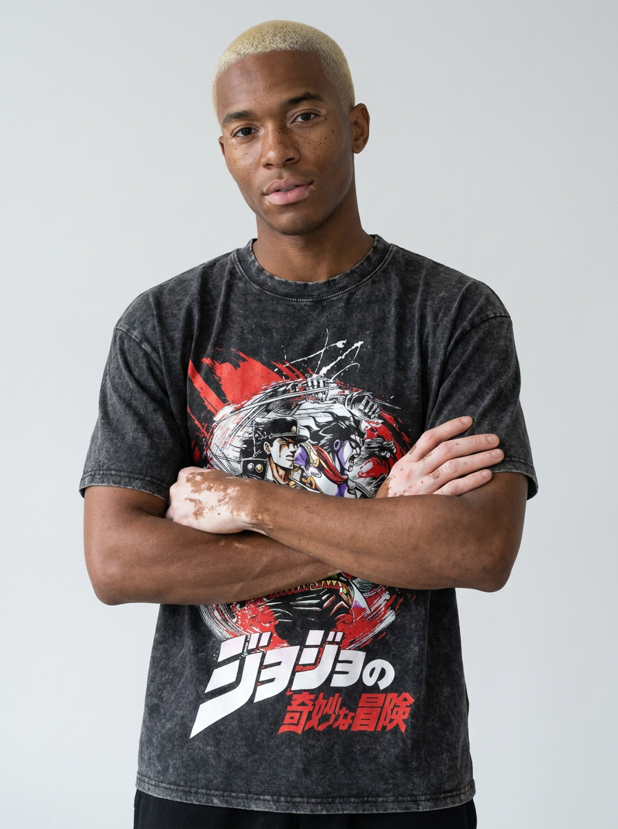 Anime Washable T-Shirt Collection 2 on model arms crossed — washed black t-shirt | Tempus Arc premium anime streetwear