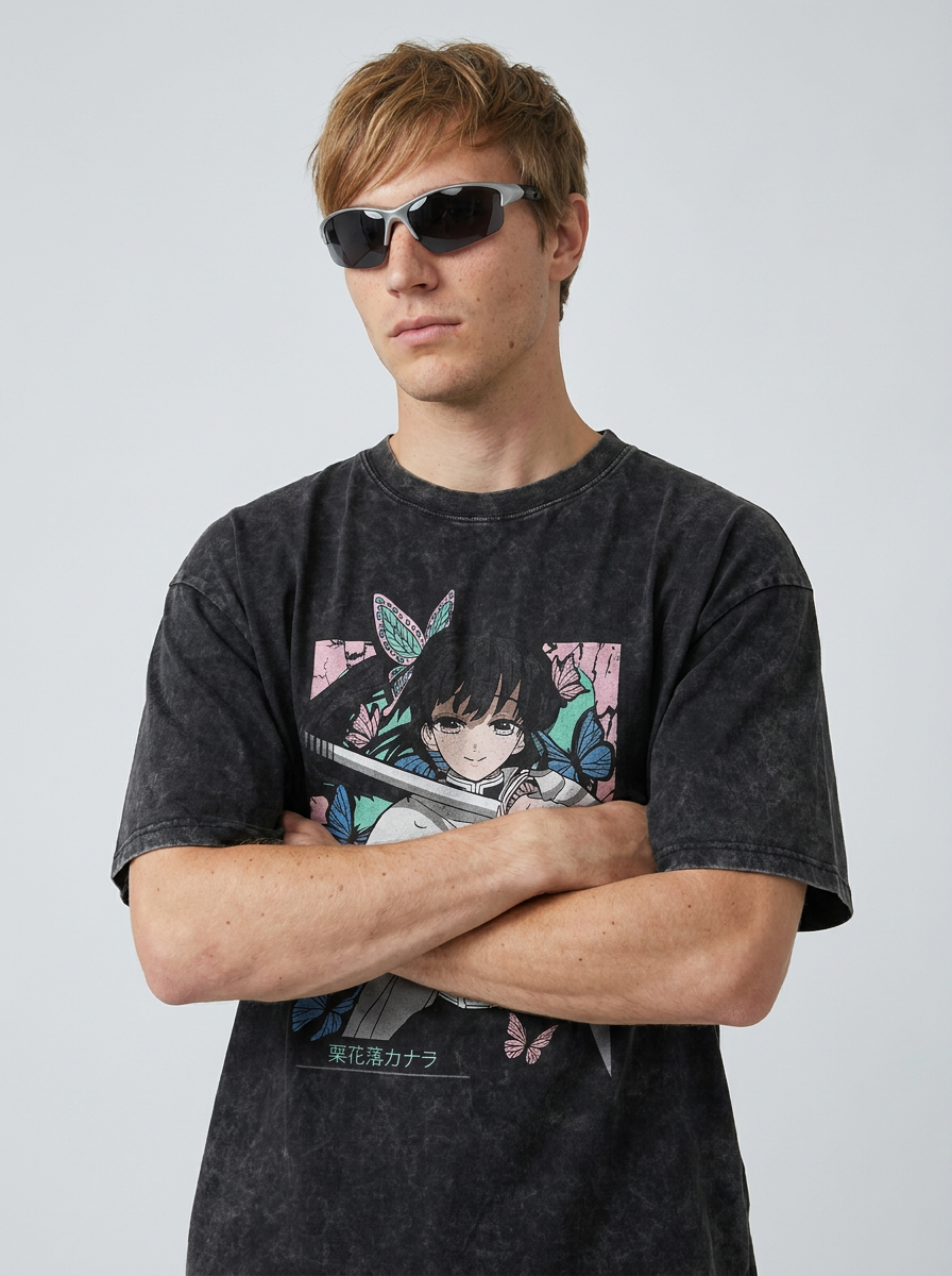 Anime Washable T-Shirt Collection 2 on model arms crossed — washed black t-shirt | Tempus Arc premium anime streetwear