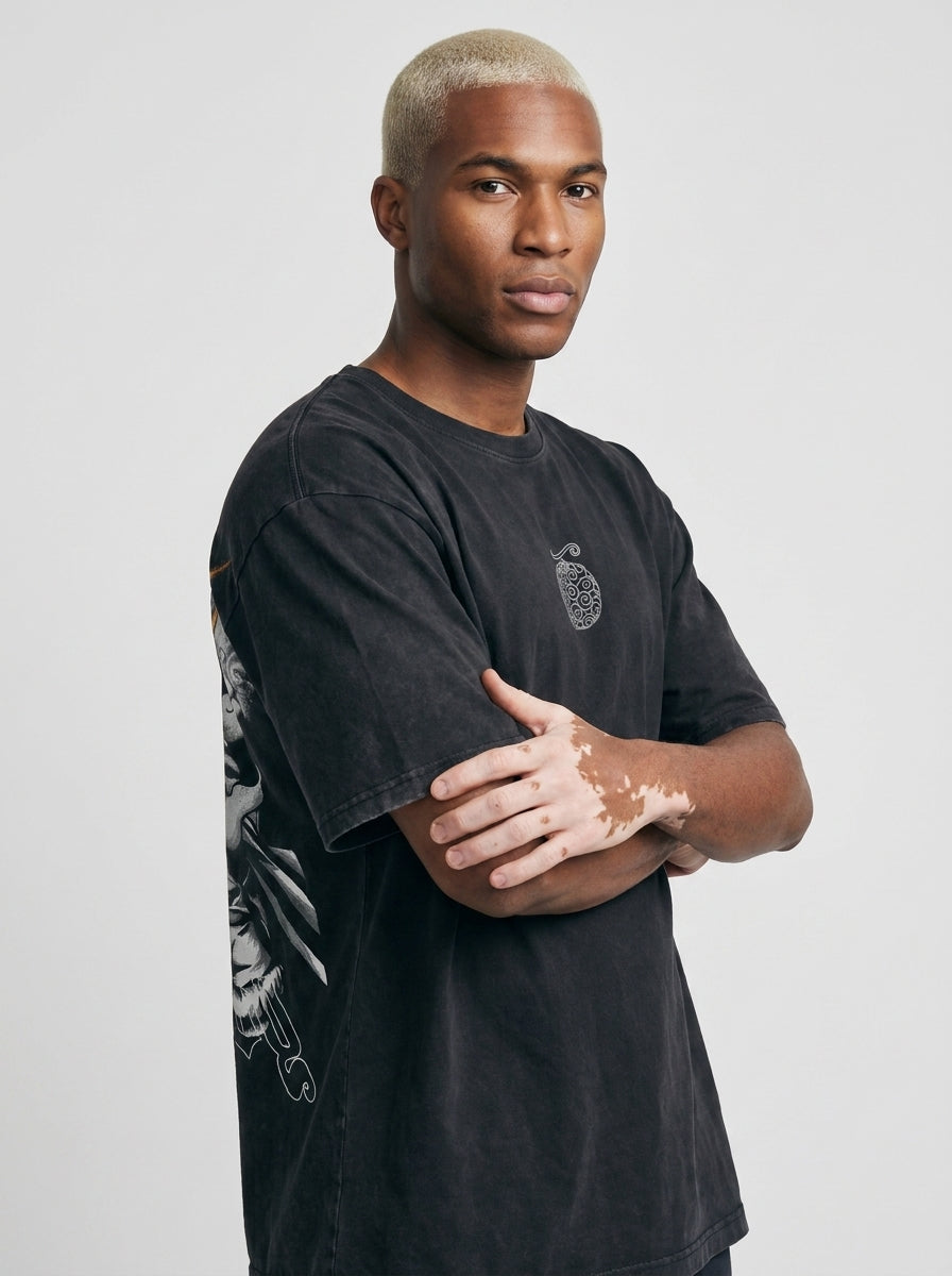Anime Washable T-Shirt Collection 2 on model arms crossed — washed black t-shirt | Tempus Arc premium anime streetwear