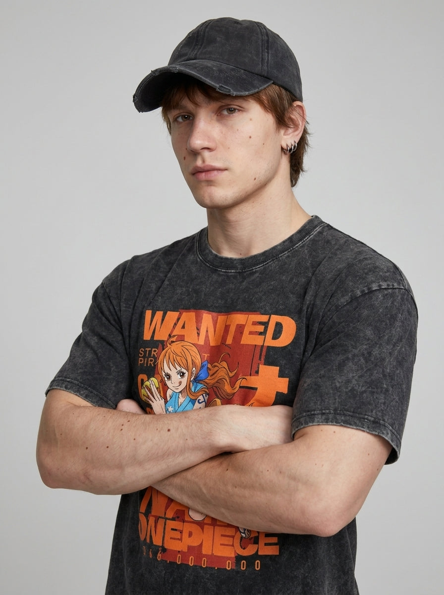 Anime Washable T-Shirt Collection 2 on model arms crossed — washed black t-shirt | Tempus Arc premium anime streetwear