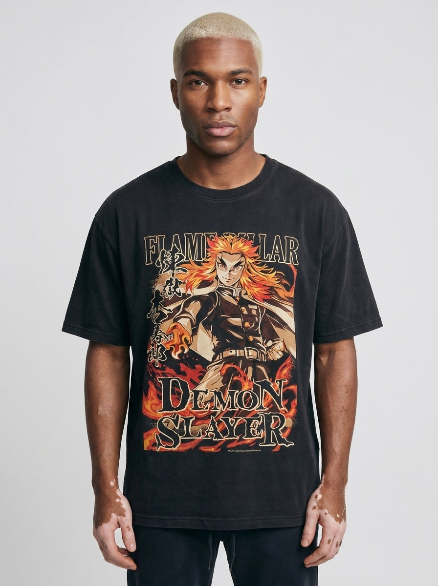 Anime Washable T-Shirt Collection 2 model frontal central — washed black t-shirt | Tempus Arc premium anime streetwear