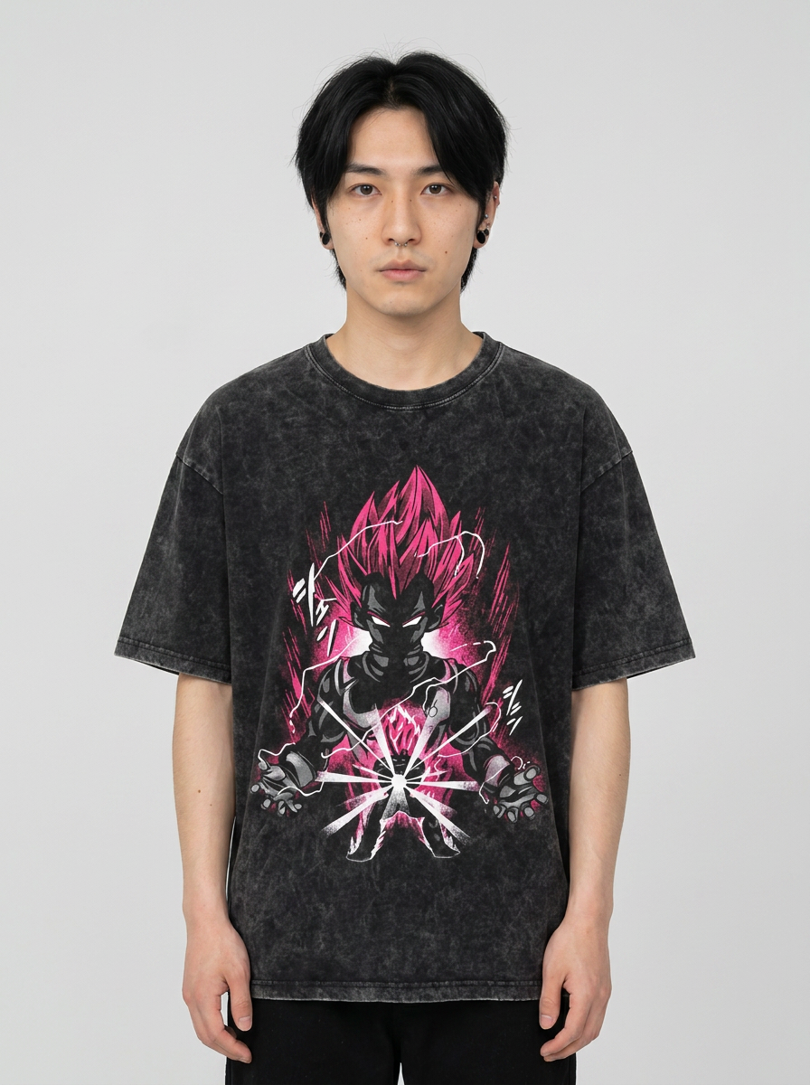 Anime Washable T-Shirt Collection 2 model frontal central — washed black t-shirt | Tempus Arc premium anime streetwear
