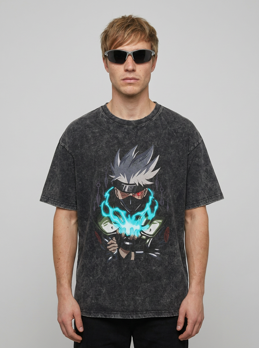 Anime Washable T-Shirt Collection 2 model frontal central — washed black t-shirt | Tempus Arc premium anime streetwear
