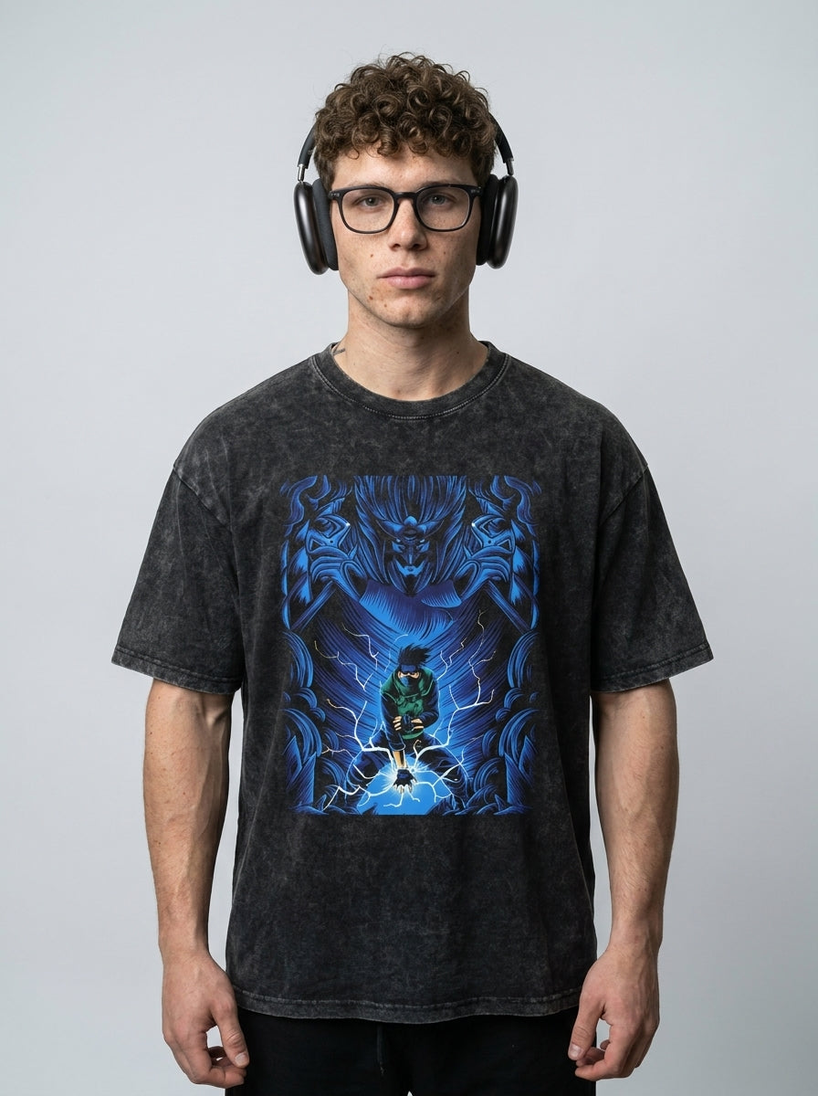 Anime Washable T-Shirt Collection 2 model frontal central — washed black t-shirt | Tempus Arc premium anime streetwear