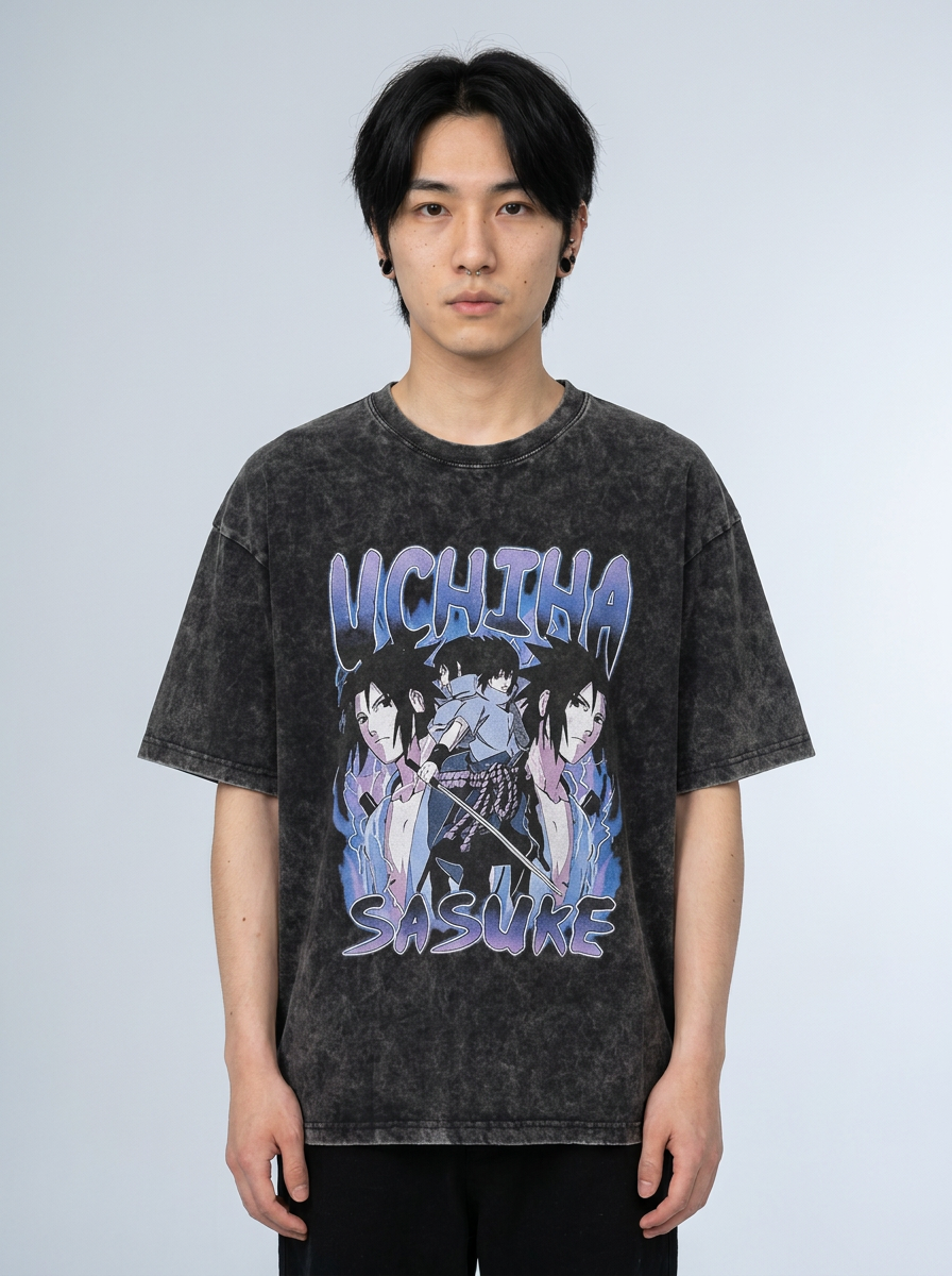 Anime Washable T-Shirt Collection 2 model frontal central — washed black t-shirt | Tempus Arc premium anime streetwear